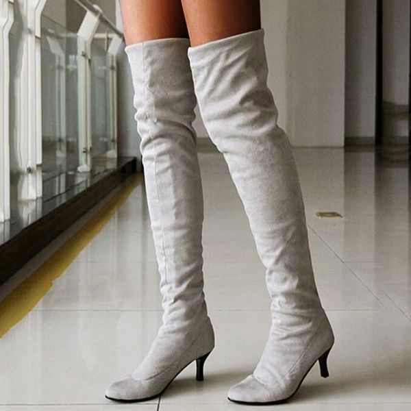 

ladies spike heels high flock solid color women boots female high boots strentch pointed toe thigh #g2, Black