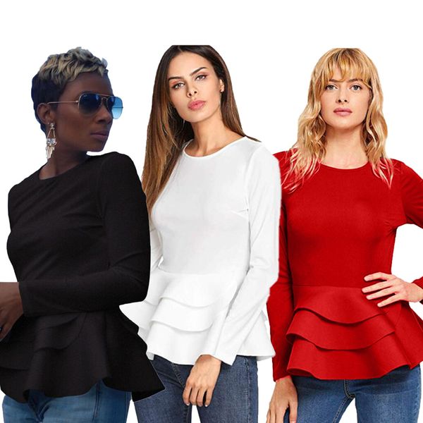 

fashion women long sleeves blouses ruffled solid color ol casual club party shirts blusas, White