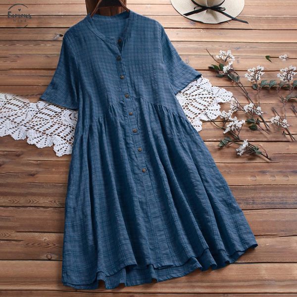 

plus size women vintage dress linen dress female short sleeve button loose solid ladies casual summer dresses vestidos bb4, Black;gray
