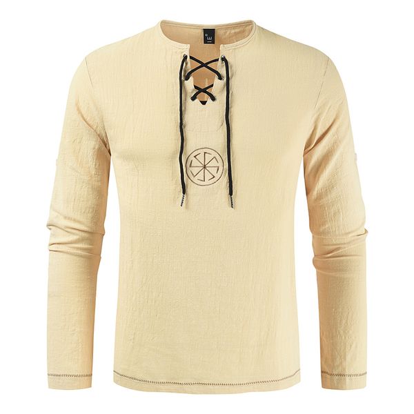 

puimentiua men's medieval robe shirt knight renaissance cotton long sleeve shirt solid color v-neck 2019, White;black