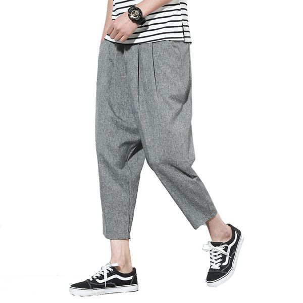 

nice fashion men nature cotton linen trousers summer pants casual male solid slim straight loose ankle-length harem pants, Black