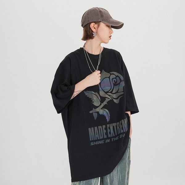 

мужчины женщины пара high street hip hop сыпучие tee рубашка мужчины светоотражающие rose версия для печати casual короткий рукав футболки, White;black