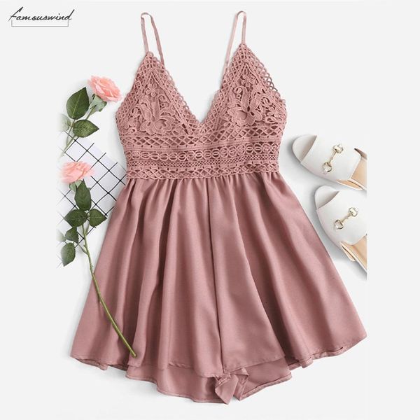 

lace back romper knot contrast cami women pink v neck straps sleeveless playsuit casual wide leg romper, Black;white