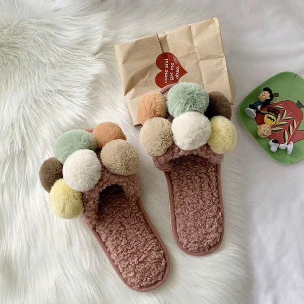 

cute winter plush slipper indoor home slippers warm shoes women house slippers with pompom balls fur shoes zapatos de mujer, Black