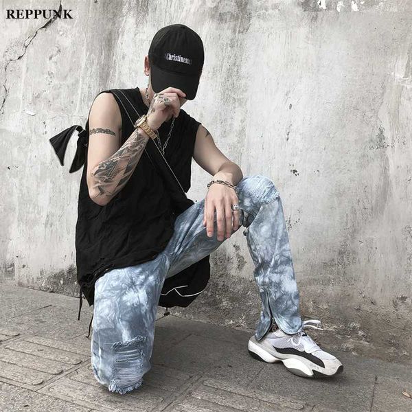 

2020 slim fit men's motorcycle jeans pleated casual biker male pants broken holes straight legs hip hop male loose denim pants, Blue