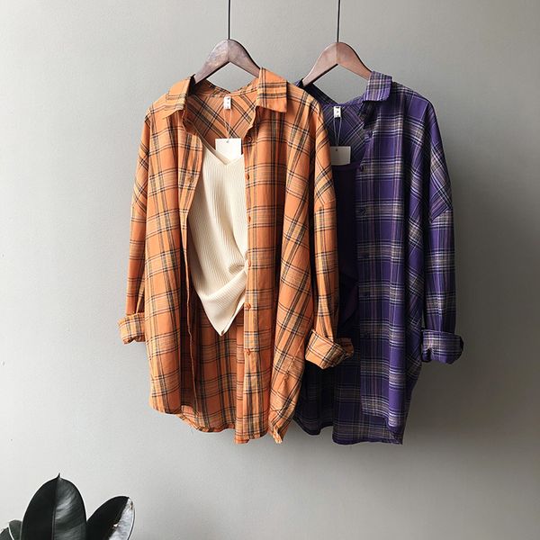 

2020 summer new loose plaid shirt women lazy retro plaid shirt drop-shoulder sleeve coat women, White