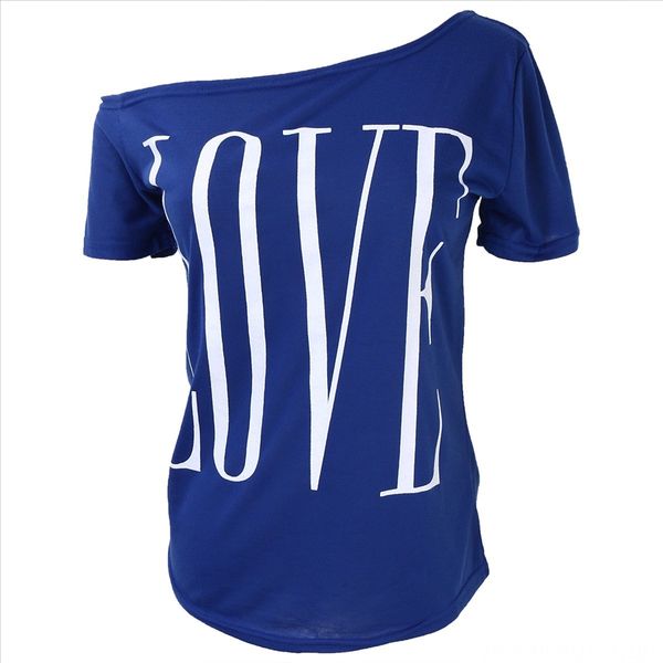 

women's big round collar inclined shoulder short sleeve loose love letter printed t-shirt women's big round collar inclined should, White