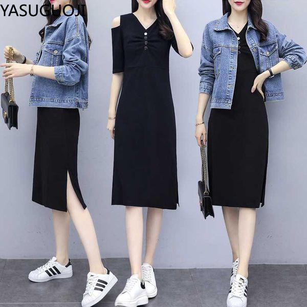 

yasuguoji two-piece set women 2020 spring female black half sleeve long dress+denim jacket highstreet dress suits women, White;black