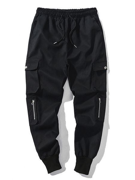 

zaful solid color multi-pocket drawstring multi-pocket casual jogger pants for men mid waist sport long pants, Black