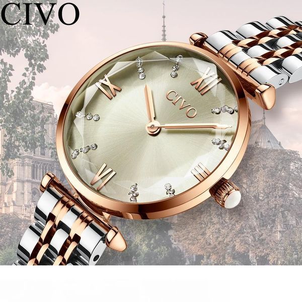 

civo 2019 модные роскошные женские наручные часы лучший бренд розовое золото стальной ремешок водонепроницаемый женский браслет часы zegarek, Slivery;brown