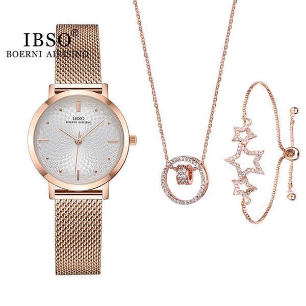 

ibso women quartz watch with crystal bracelet luxury rose gold belt ladies bangle round wristwatch jewelry set gift for women, Slivery;brown