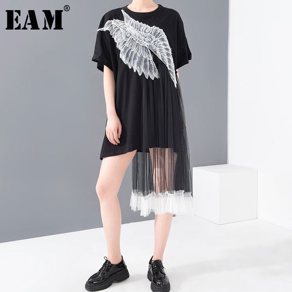 

eam] women black mesh irregular big size dress new round neck half sleeve loose fit fashion tide spring summer 2020 1u01001, White;black