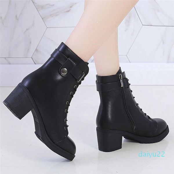 

style -boots women shoes women fashion high heel lace up ankle boots ladies buckle platform artificial leather bota feminina 2019 d3, Black