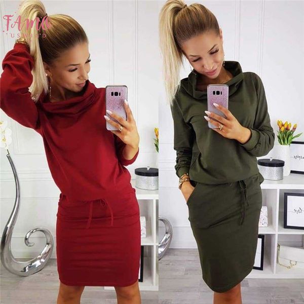 

new arrival 2020 winter dress fashion warm dress women casual long sleeve red dress street sashes midi cotton solid robe femme, Black;gray
