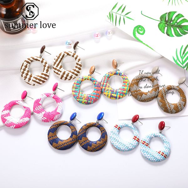 

fashion round geometric raffia dangle earrings for women handmade woven colorful hoop earring with steel pin jewelry gift, Silver