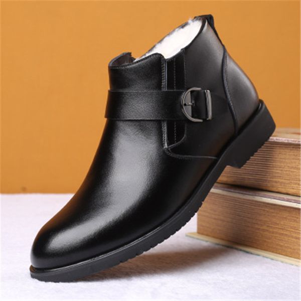 

new men winter leather ankle boots thick plush warm snow boots fashion buckle business dress shoes botas mujer, Black