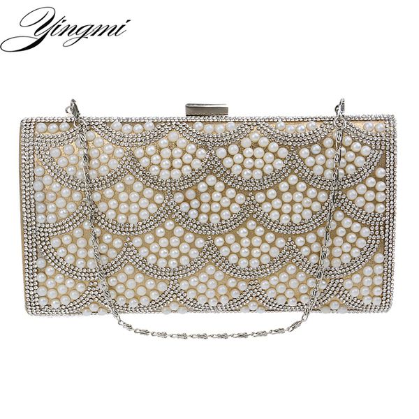

yingmi one side rhinestones women evening bags pearl imitation chain shoulder messenger birthday gift cluthes