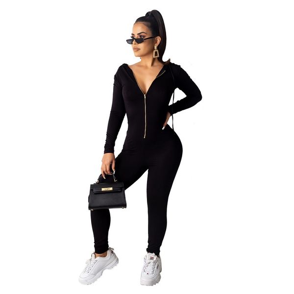 

simple style solid color lady jumpsuits hooded zipper full length catsuits casual style sports jumpsuits, Black;white