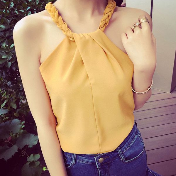

summer women knitted sleeveless solid tank ladies woven straps halter ruched off shoulder tanks, White