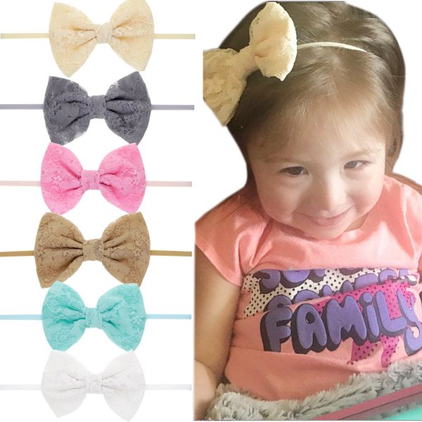 

15417 kids lace bowknot headbands girls hair band childrens soft bowknot hair accessories elastic headband, Slivery;white