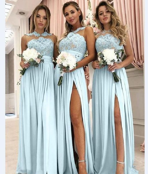 

light sky blue 2020 bridesmaid dresses lace a line prom dresses with split front maid of honor wedding guest dress, White;pink