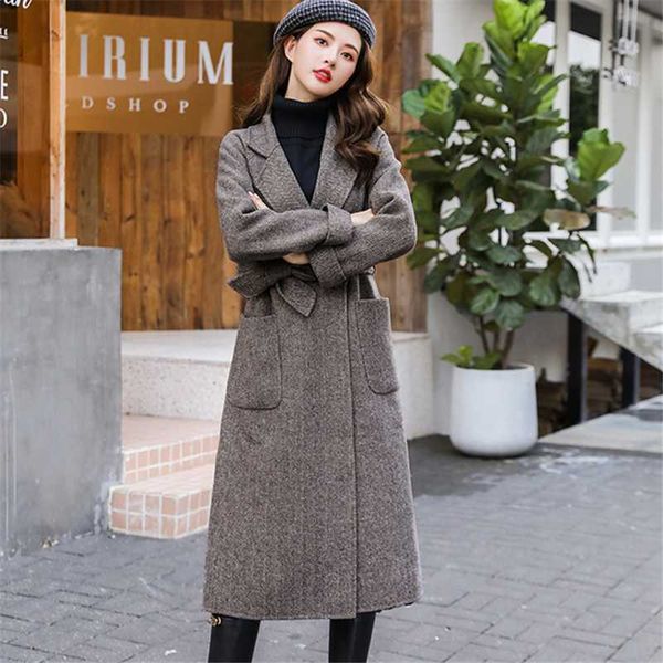 

women's woolen coat 2019 autumn winter fashion new thickened mid-length suit collar belt slim-fit woolen jacket tide h00441, Black