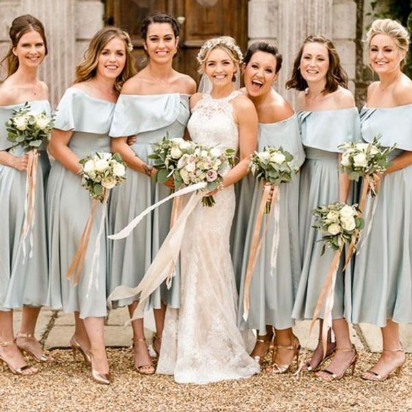 

vintage tea length country bridesmaid prom evening dresses off the shoulder chiffon with sleeves wedding party bridesmaid dress cheap, White;pink
