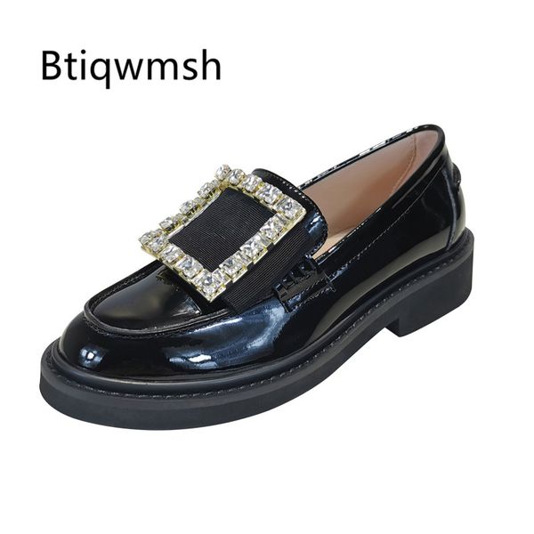 

2020 spring rhinestone loafer shoes women round toe crystal buckle low heel shoes woman black leather casual