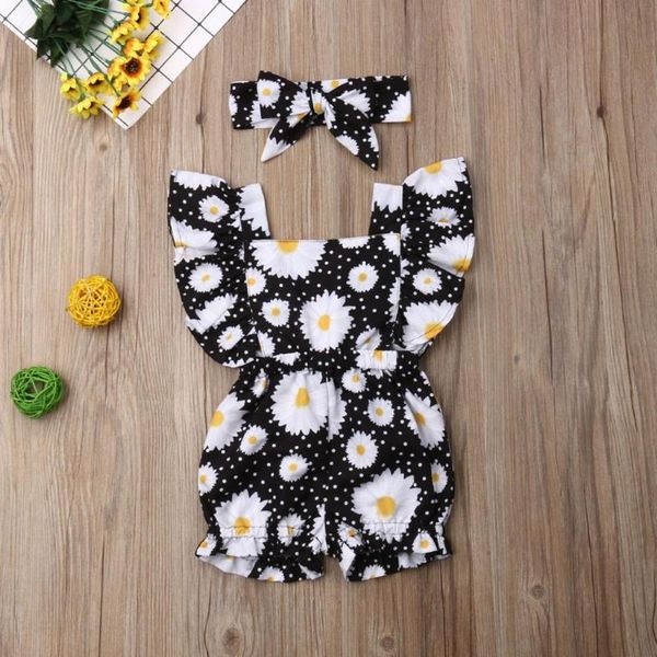 

infant girls bodysuits newborn baby girl sleeve ruffle flower jumpsuit+headband outfits set newborn baby clothes outfits, Blue