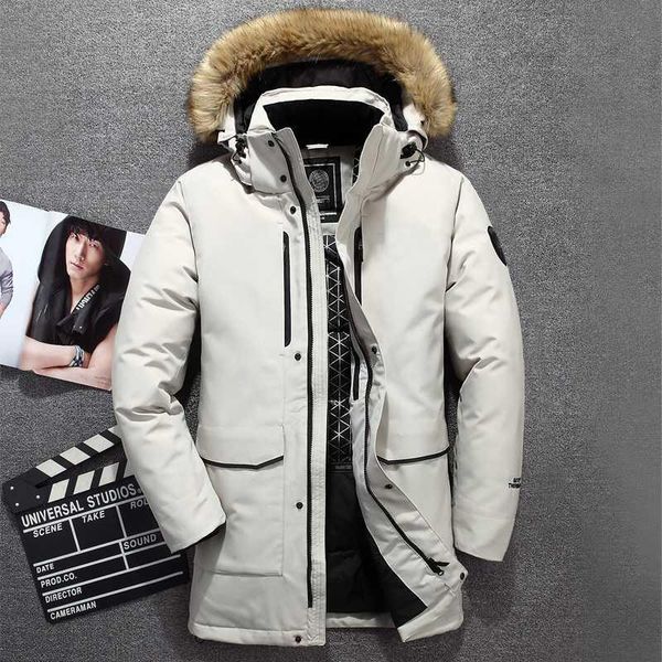 

genuine fur collar men's down jacket windbreaker waterproof winter jacket for men white duck down long coat men-40 degree, Black
