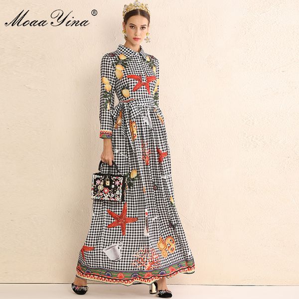 

moaayina fashion designer runway dress autumn women long sleeve plaid lemon cookies starfish floral print slim elegant dress, Black;gray