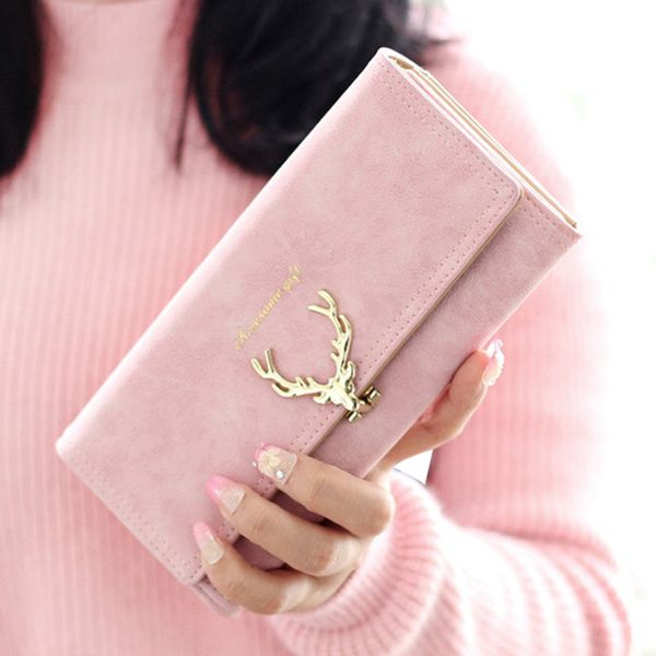 

2019 new fashion wallet female women purse long zipper solid candy color metal christmas deer wallets pu card holders brand, Red;black