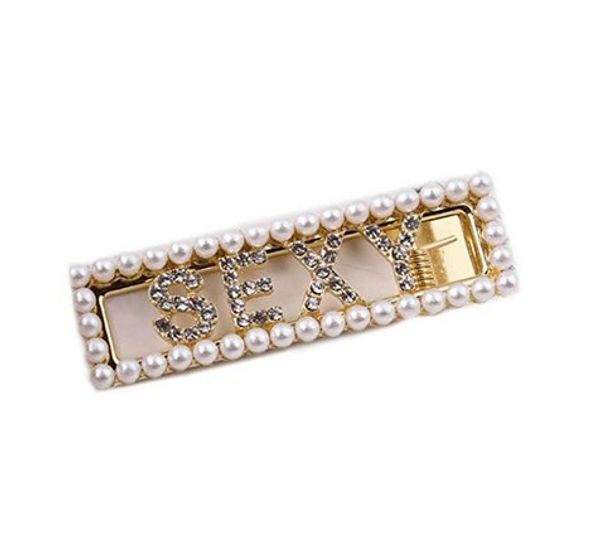 

women girl creative hollow rectangle imitation pearl hair clip, glitter rhinestone funny letters hairpin, jewelry beaded barrettes, Golden;silver