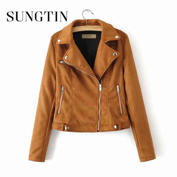

sungtin autumn winter new women suede faux leather jacket fashion motorcycle biker jacket ladies black brown leather coat