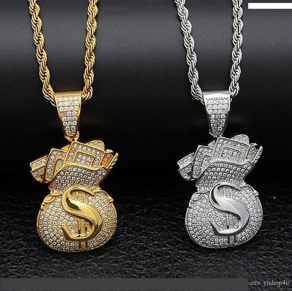 

14 k золото обледенелый знак доллара денежный мешок кулон ожерелье bling bling кулон мужской хип-хоп микро проложить кубический цирконий ими, Silver
