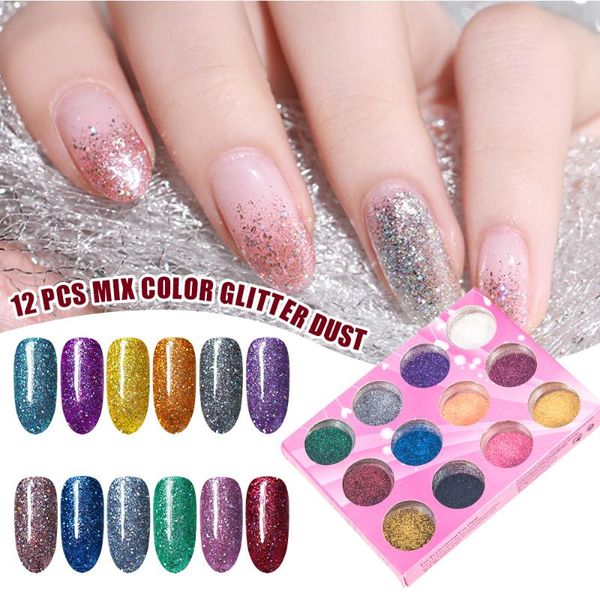 

12 шт градиент блестящий блеск для ногтей набор порошок лазерный блестящий маникюр nail art хром пигмент серебро diy art decoration kit, Silver;gold