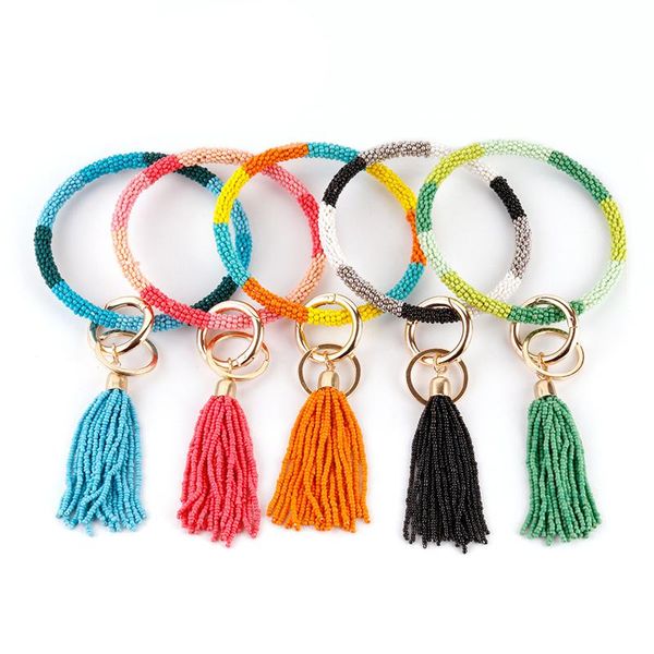 Cores misturadas Beads O Chaveiro Círculo Tassel Wristlet Keychain Pulseira Correia menina Mulheres Key anel de pulso jóias dom 10 syles