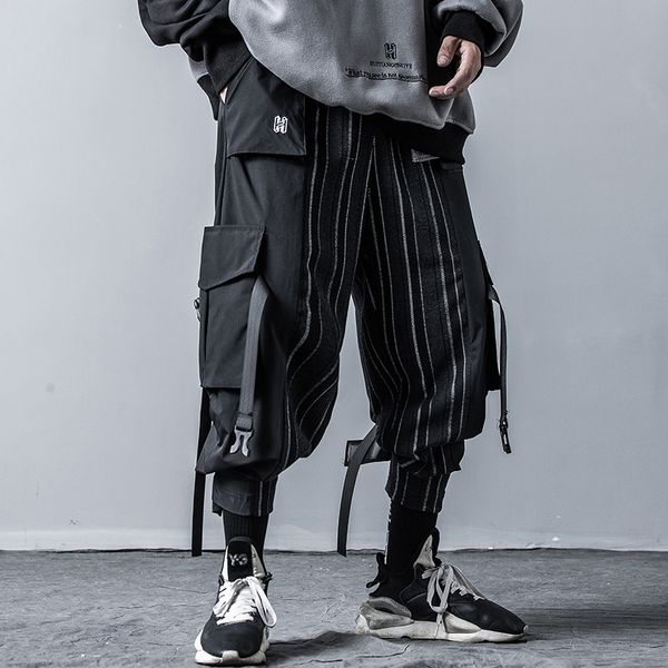 

men high street vintage stripe splice casual cargo pant male multi-pocket adjustable hem harem trousers gothic hip hop pant, Black