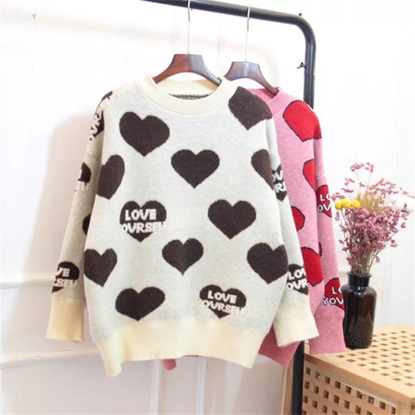 

women oversized sweater and pullovers oneck sweet heart letters printed pull jumpers long sleeve pink streetwear knit, White;black