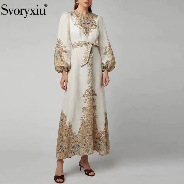 

svoryxiu elegant flower print autumn winter lantern long sleeve long dress women's fashion o collar high waist party dresses, Black;gray