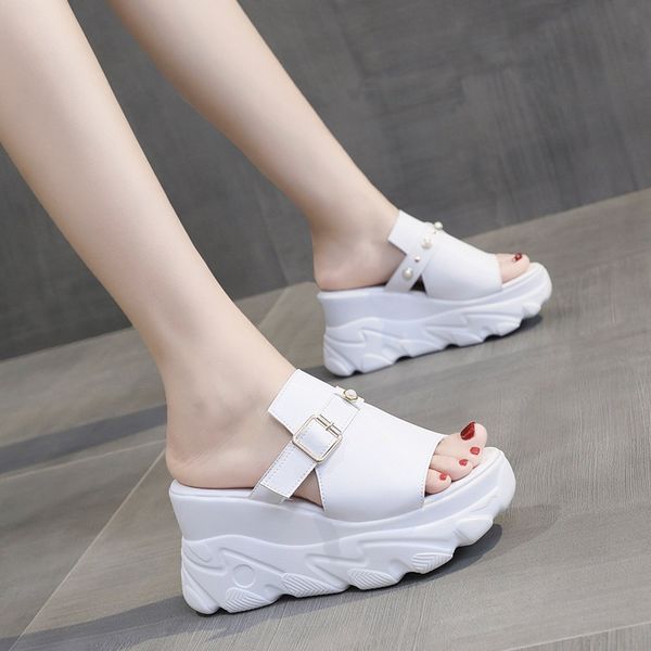 

peep toe high-heeled shoes lady house slippers platform slipers women on a wedge increased internal slides jelly flip flops, Black