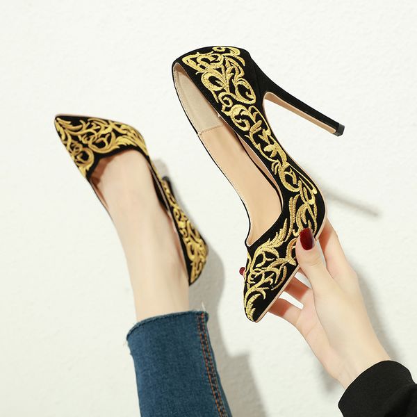 

new elegant yellow embroidery high heels women pumps fashion pointed toe stiletto high heels 12cm woman wedding party shoes, Black