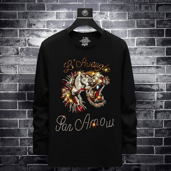 

men's long sleeve t-shirt 2019 new trend rhinestone slim handsome gas shirt net red large size tiger head size s-7xl, White;black