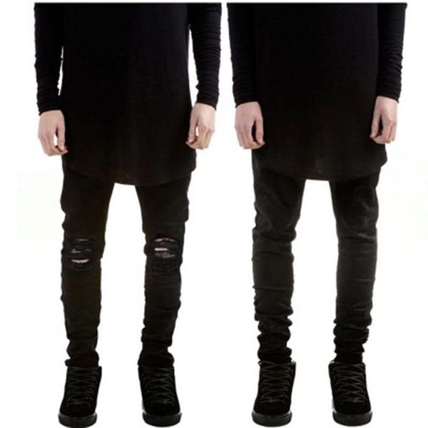 

men skinny jeans runway slim elastic jeans denim knee hole hiphop pants washed high quality, Blue