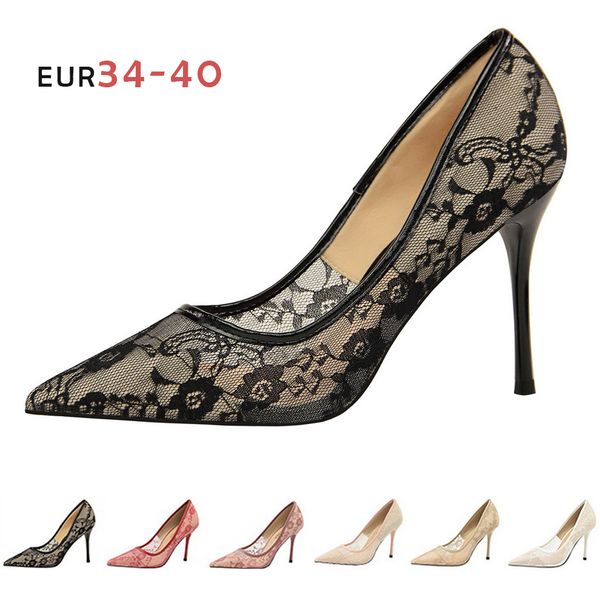 

cm 2020 summer new beauty lady dress shoes pointed toe high stiletto heels black party evening red lace shoes women pumps wholesale