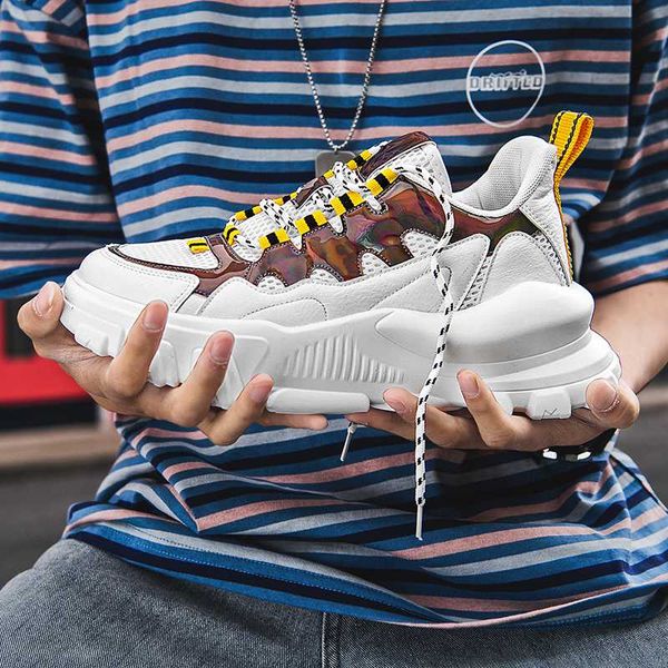 

trend men's fashion chunky sneakers lace up flats casual men shoes thick bottom shoes breathable dad man footwear, Black