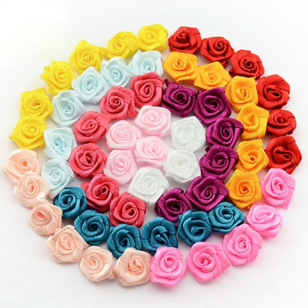 

15mm 100pcs/lot handmade satin rose ribbon rosettes fabric flower bow appliques wedding decor craft sewing accessories diy 1-35, Slivery;white