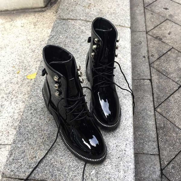

japanned leather boots women brand designer superstars short ankle boots rivets studded winter snow booties ladies, Black