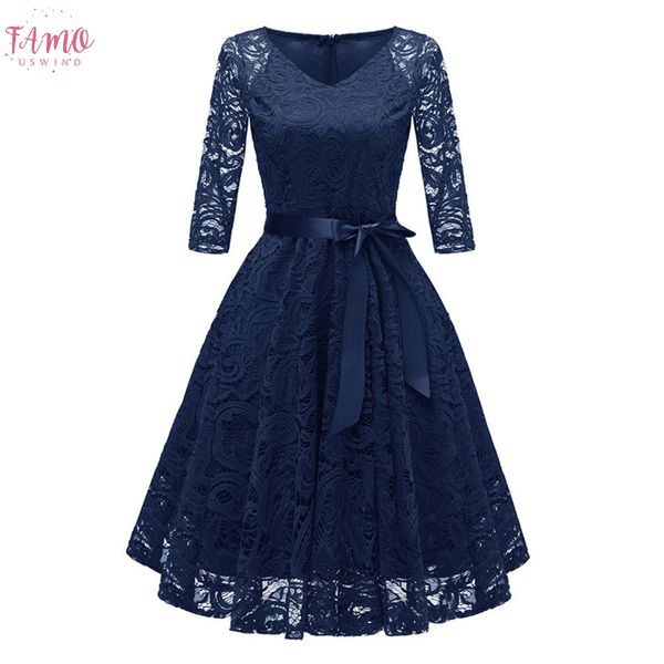 

womens clothing v neck sleeve dress vintage casual solid color lace knee length cocktail party a line swing ladies dress 2020, Black;gray