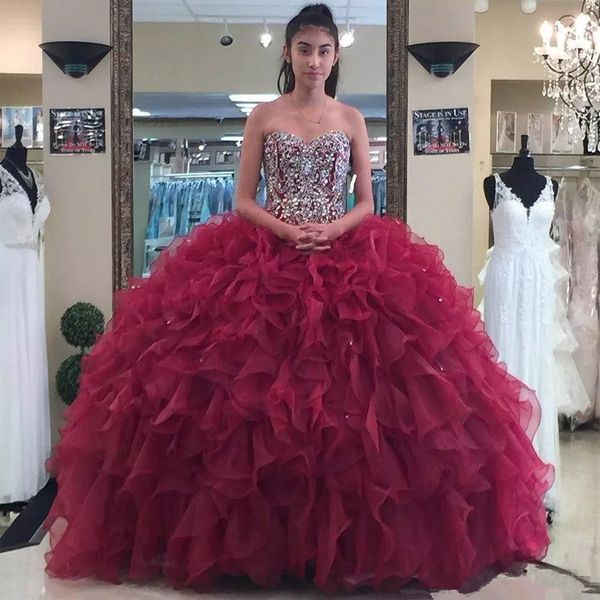 

2020 burgundy beaded ball gown quinceanera dresses appliques prom gowns crystals lace-up back rhinestones sweet 16 dress, Blue;red